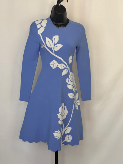 Lela Rose Knit Periwinkle White Floral Scalloped Neck Long Sleeve Fit & Flare KNee-Length Dress NWT