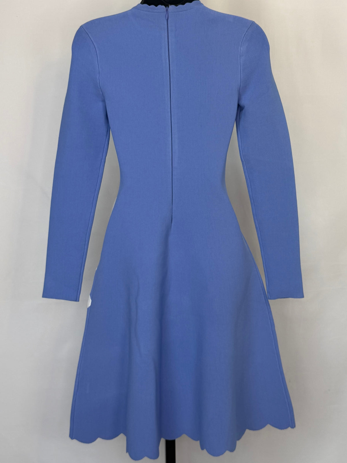Lela Rose Knit Periwinkle White Floral Scalloped Neck Long Sleeve Fit & Flare KNee-Length Dress NWT