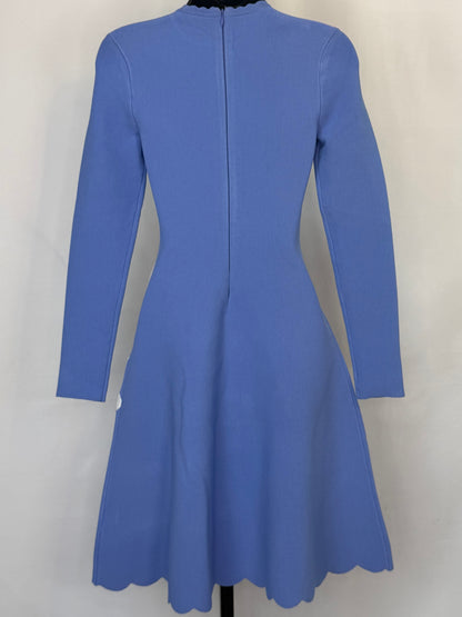 Lela Rose Knit Periwinkle White Floral Scalloped Neck Long Sleeve Fit & Flare KNee-Length Dress NWT