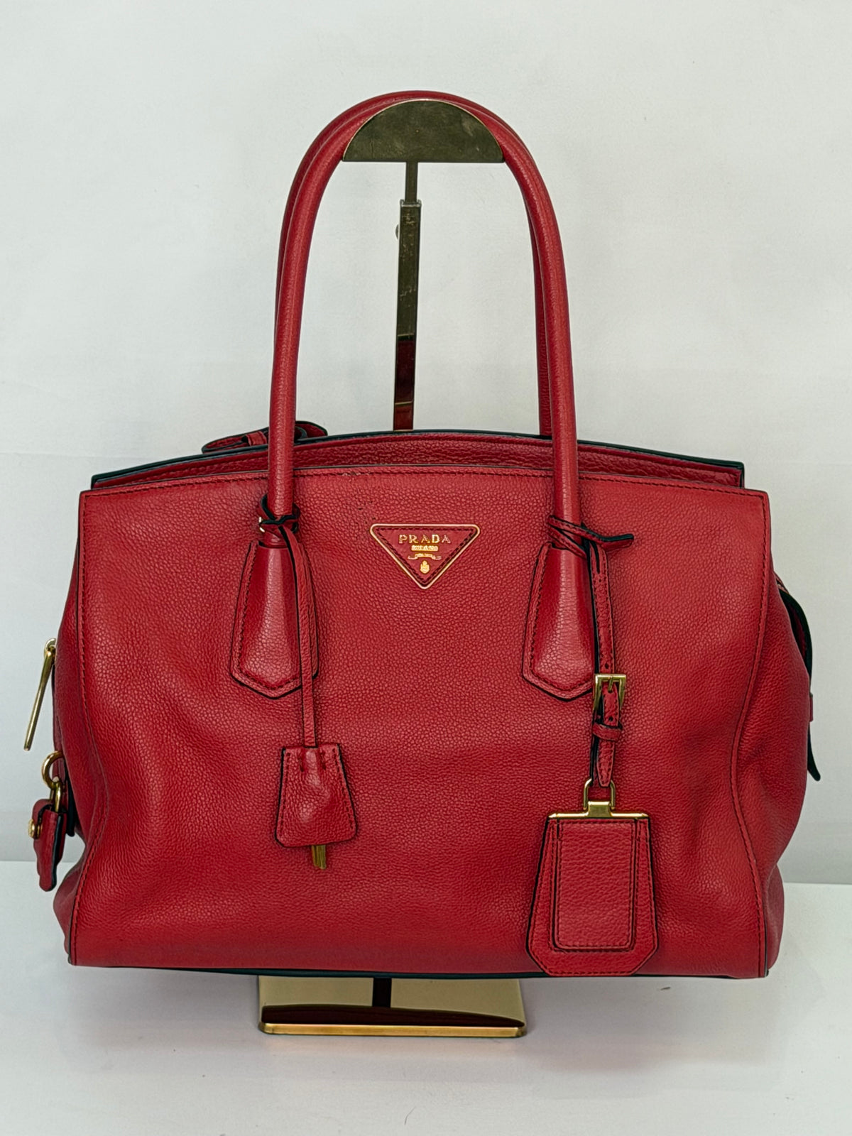Prada Red Leather Vitello Daino Shoulder Tote Bag