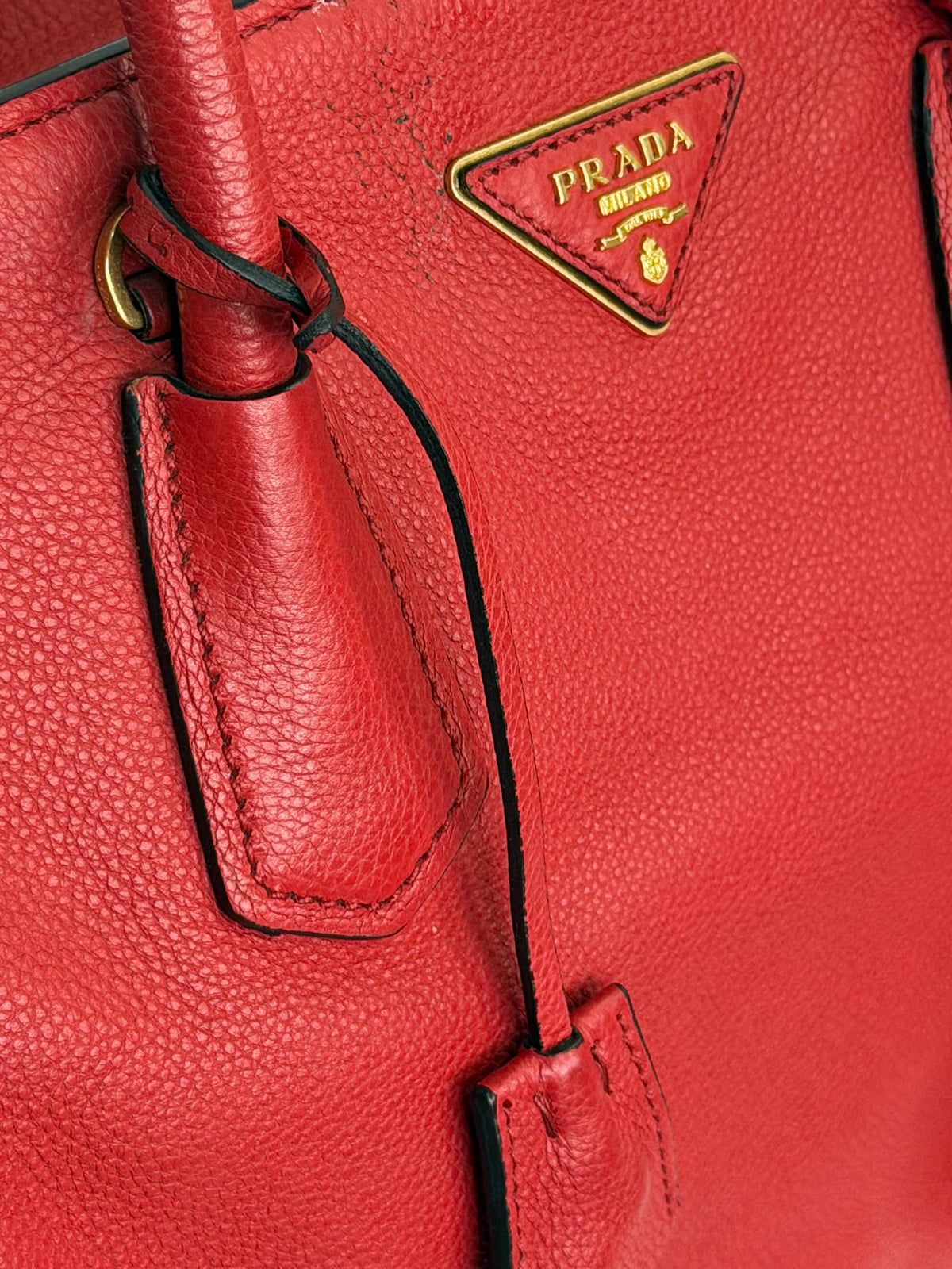 Prada Red Leather Vitello Daino Shoulder Tote Bag