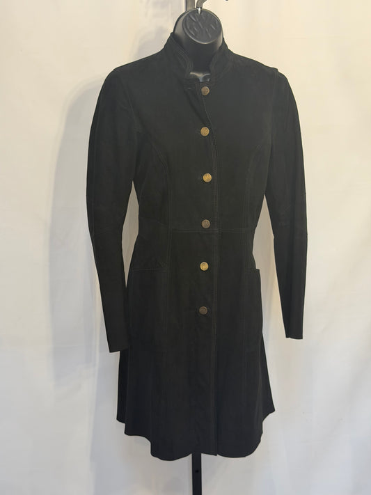 ARTICO Black Suede Exterior w/ Navy Leather Interior Bronze Button Mid-Length Jacket
