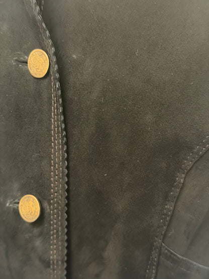 ARTICO Black Suede Exterior w/ Navy Leather Interior Bronze Button Mid-Length Jacket