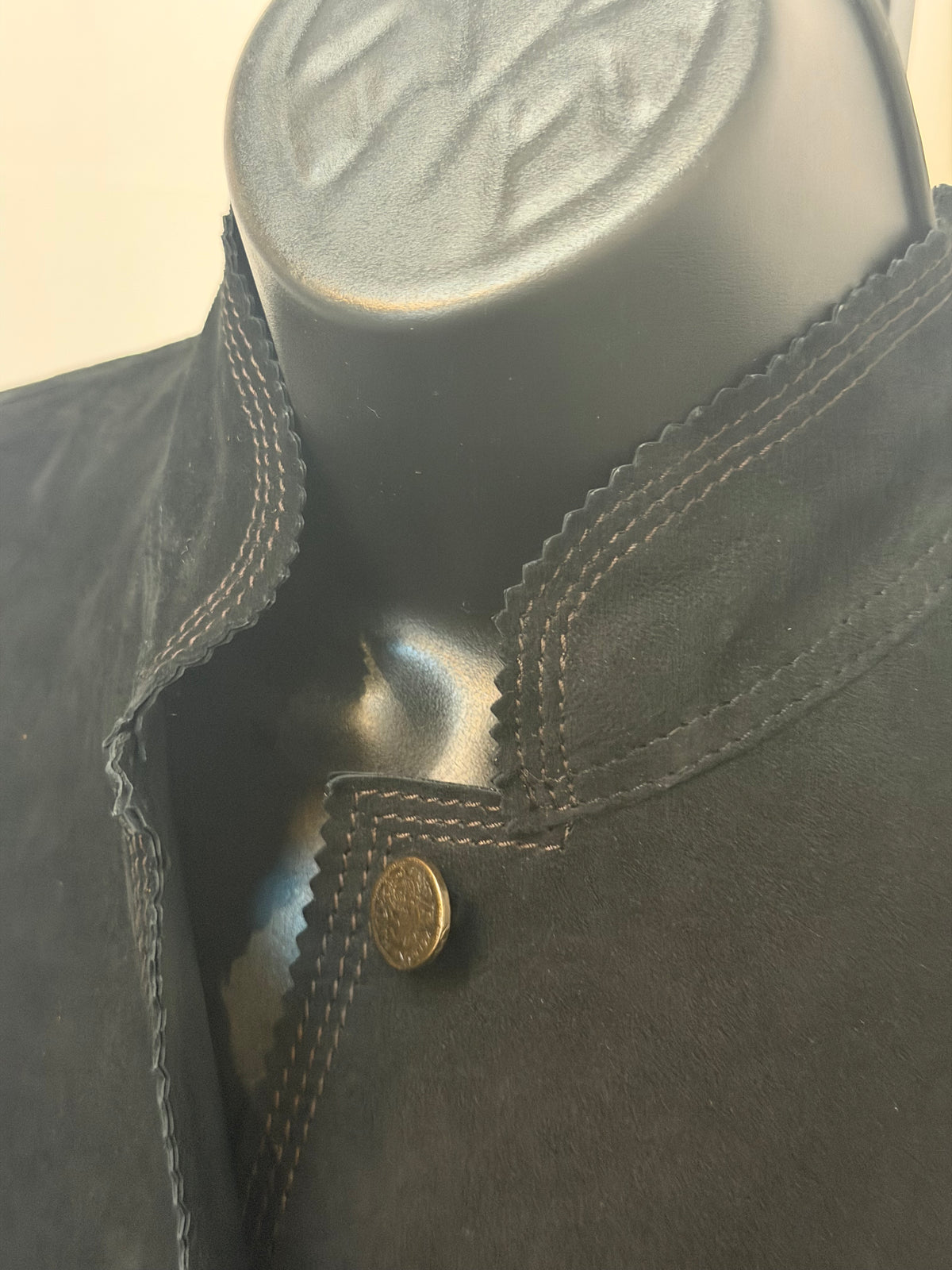 ARTICO Black Suede Exterior w/ Navy Leather Interior Bronze Button Mid-Length Jacket