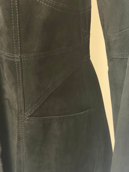 ARTICO Black Suede Exterior w/ Navy Leather Interior Bronze Button Mid-Length Jacket