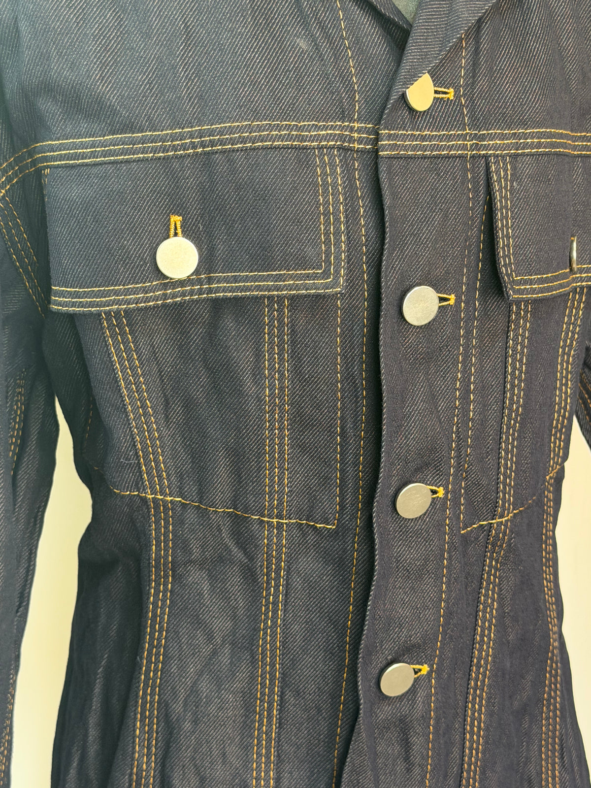 Bottega Veneta Dark Blue Gold Stitching Button Up Jean Jacket NWT