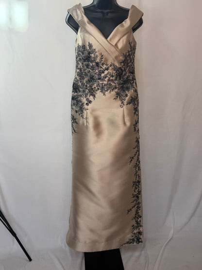 Cameron Blake Gold Grey Floral Off-Shoulder Gown w Sash