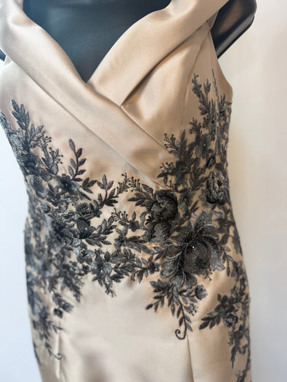 Cameron Blake Gold Grey Floral Off-Shoulder Gown w Sash
