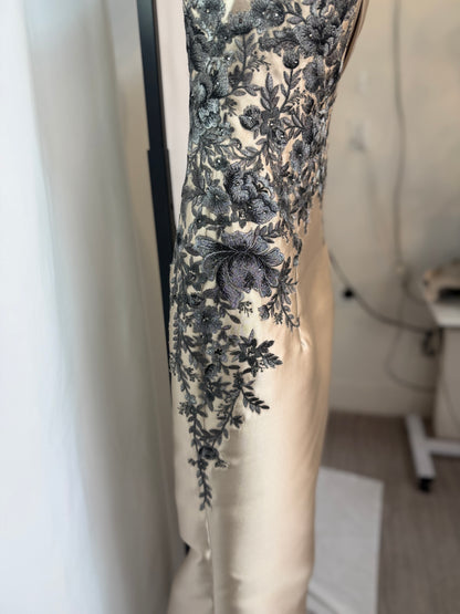 Cameron Blake Gold Grey Floral Off-Shoulder Gown w Sash