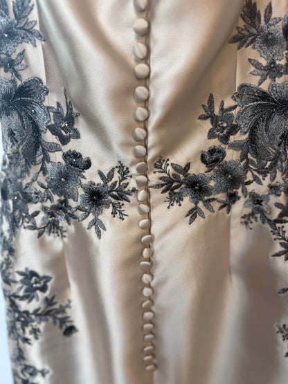 Cameron Blake Gold Grey Floral Off-Shoulder Gown w Sash