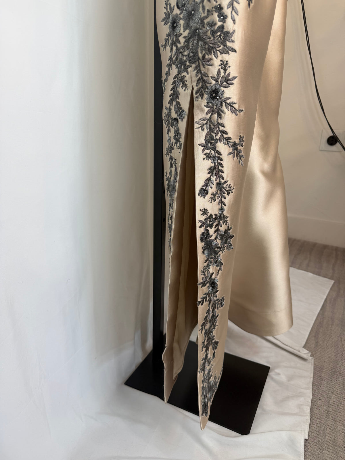Cameron Blake Gold Grey Floral Off-Shoulder Gown w Sash