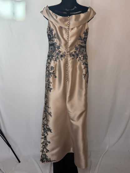 Cameron Blake Gold Grey Floral Off-Shoulder Gown w Sash