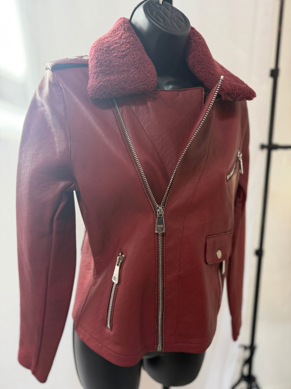 Maje Burgundy Leather Zip Up Moto Jacket w Faux Fur Collar NWT