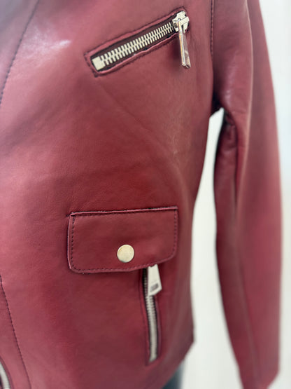 Maje Burgundy Leather Zip Up Moto Jacket w Faux Fur Collar NWT