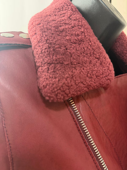 Maje Burgundy Leather Zip Up Moto Jacket w Faux Fur Collar NWT