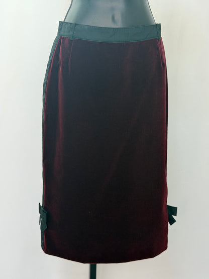 Louis Vuitton Black Burgundy Velvet Midi Skirt w Bow Detail