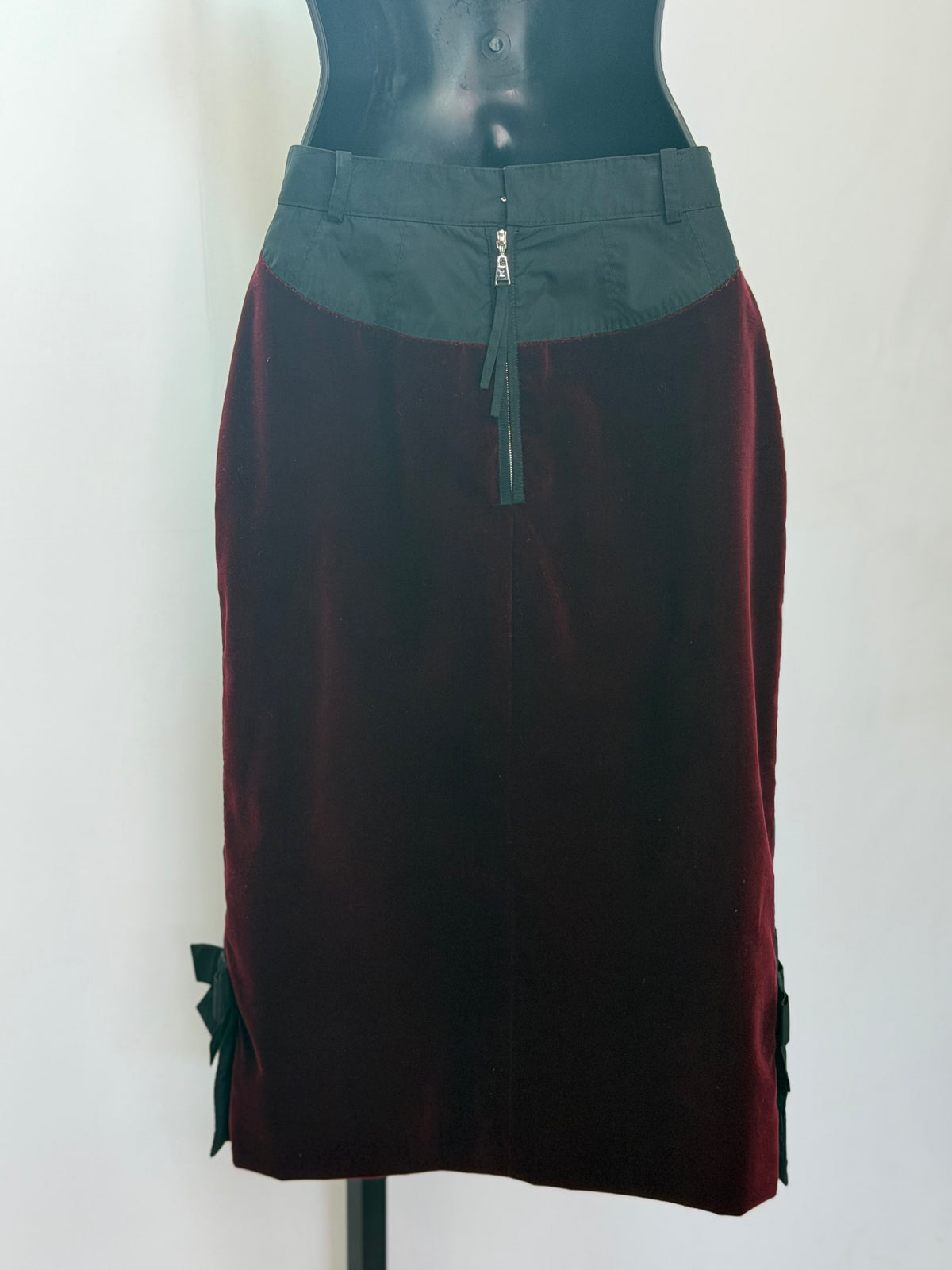 Louis Vuitton Black Burgundy Velvet Midi Skirt w Bow Detail