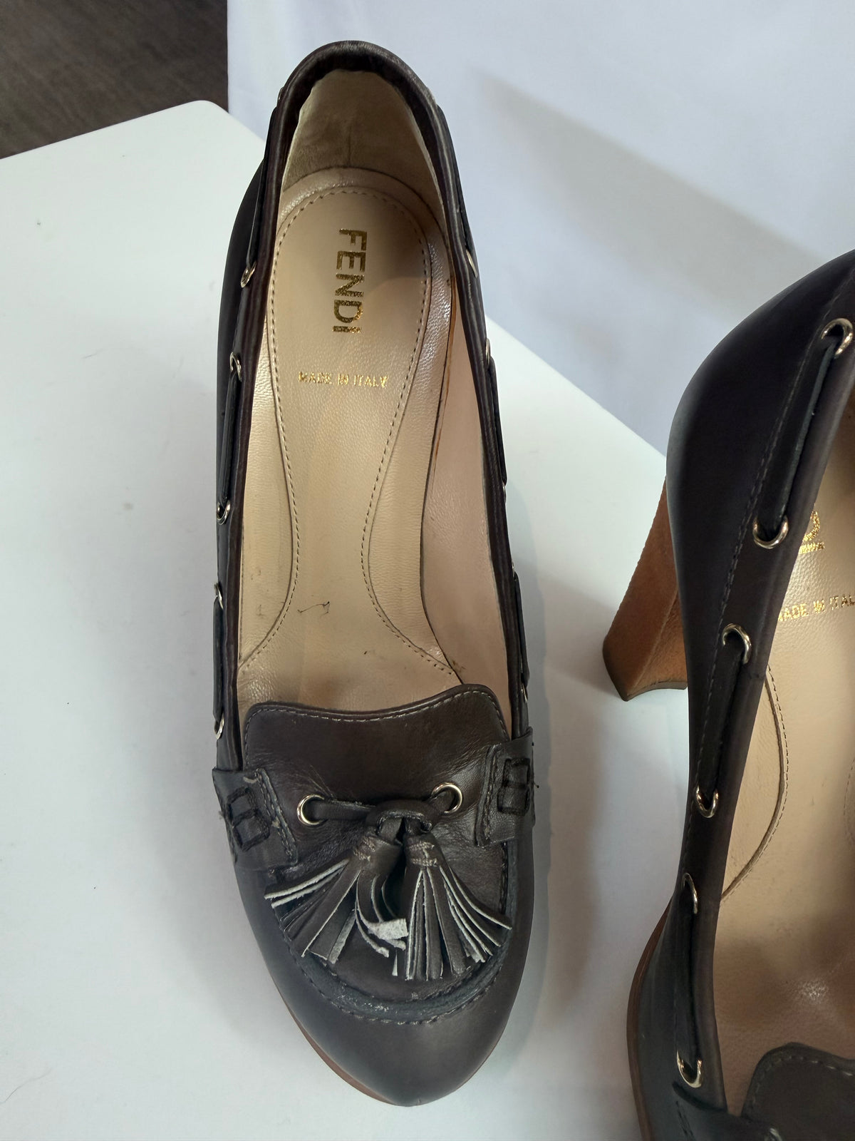 COMES WITH BOX - Fendi Taupe/Grey Leather Loafer Heels w/ Toe Tassels