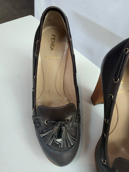 COMES WITH BOX - Fendi Taupe/Grey Leather Loafer Heels w/ Toe Tassels