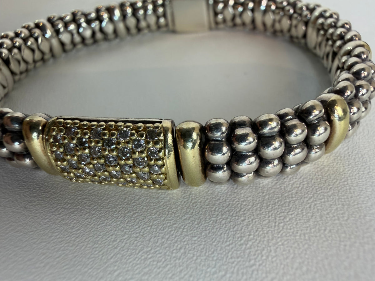 Lagos Sterling Silver & 18K Gold Diamond Caviar Bracelet