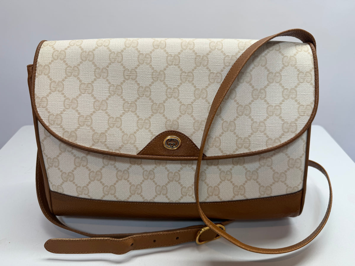 Gucci 1970's White Tan Leather GG Supreme Monogram Flap Crossbody Bag