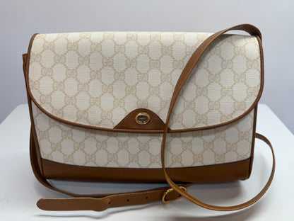 Gucci 1970's White Tan Leather GG Supreme Monogram Flap Crossbody Bag