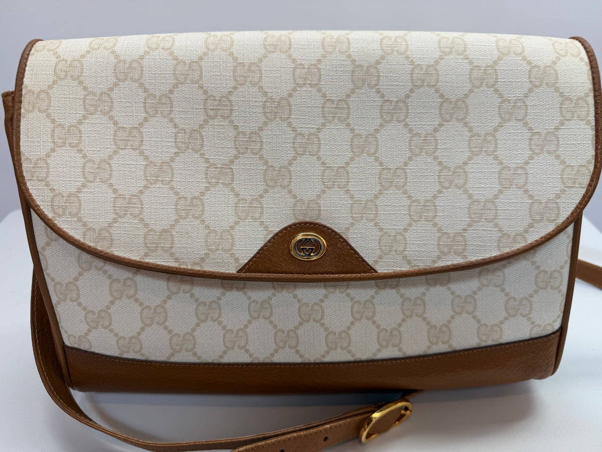 Gucci 1970's White Tan Leather GG Supreme Monogram Flap Crossbody Bag
