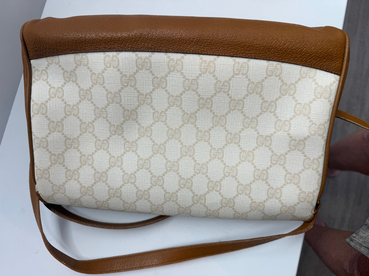 Gucci 1970's White Tan Leather GG Supreme Monogram Flap Crossbody Bag