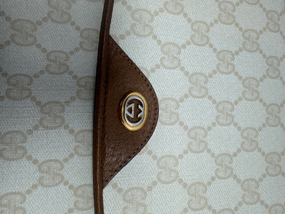 Gucci 1970's White Tan Leather GG Supreme Monogram Flap Crossbody Bag