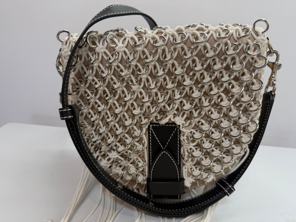 JW Anderson Beige Woven Crochet Silver Washer Satchel Crossbody Bag NWT - originally $2,240
