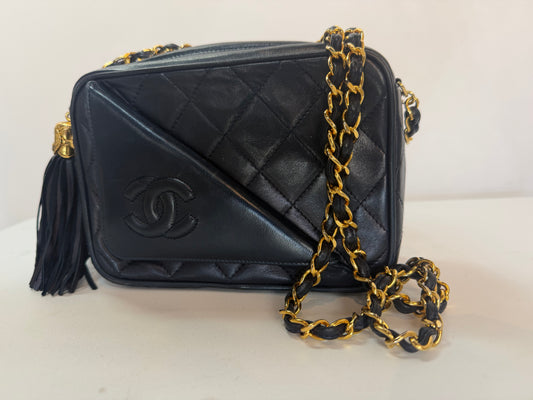 Chanel 1980s Navy Quilted Leather Diagonal Front Pocket Camera Chain Bag with Tassel