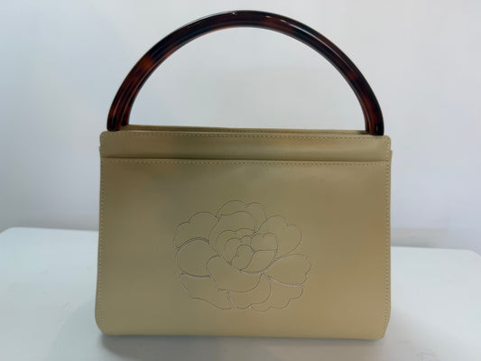 Chanel 1990 "Camellia" Beige Leather Tortoise Handle Embroidered Flower Mini Bag