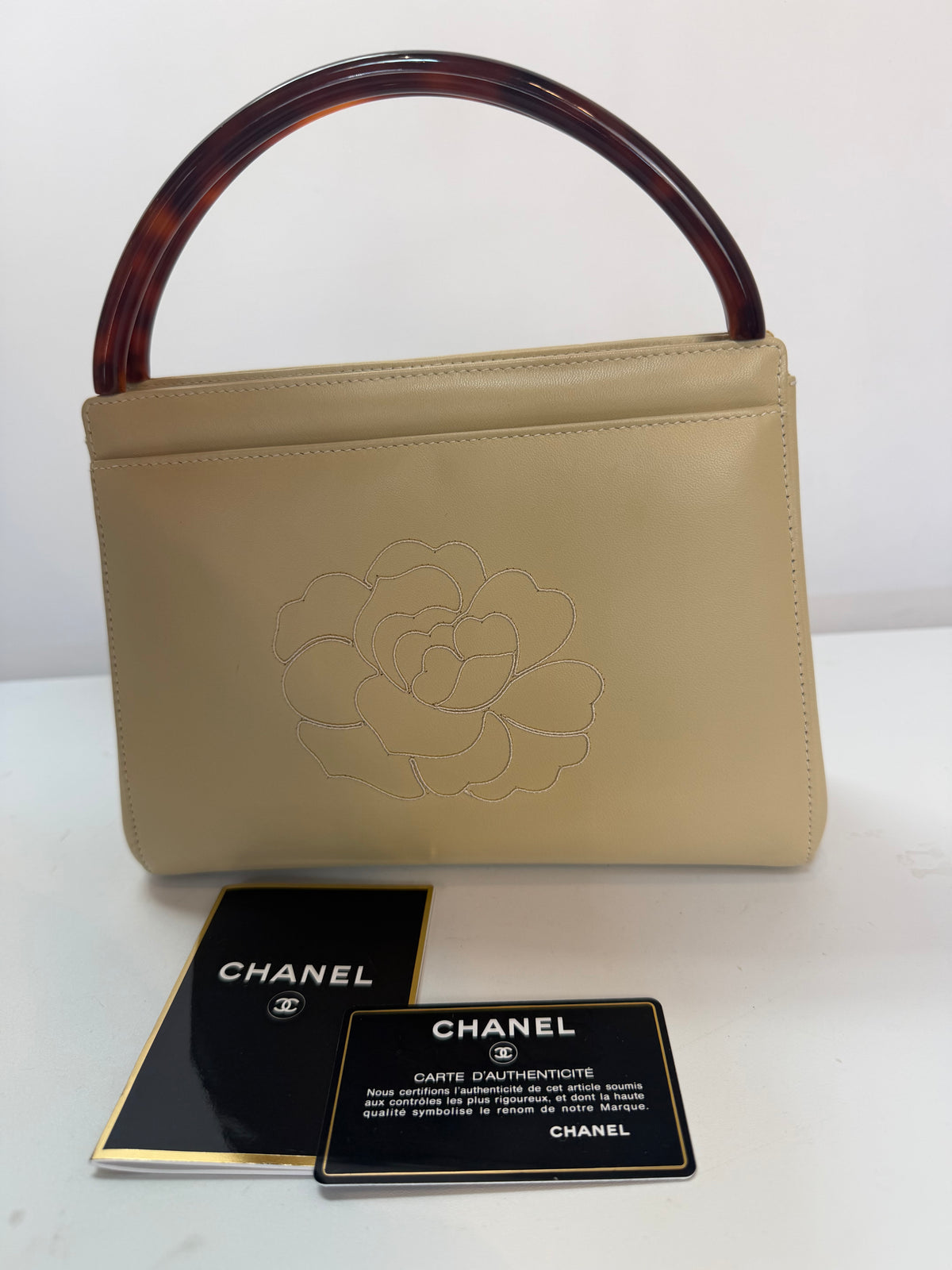 Chanel 1990 "Camellia" Beige Leather Tortoise Handle Embroidered Flower Mini Bag