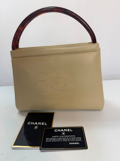 Chanel 1990 "Camellia" Beige Leather Tortoise Handle Embroidered Flower Mini Bag