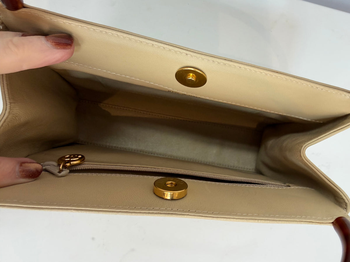 Chanel 1990 "Camellia" Beige Leather Tortoise Handle Embroidered Flower Mini Bag