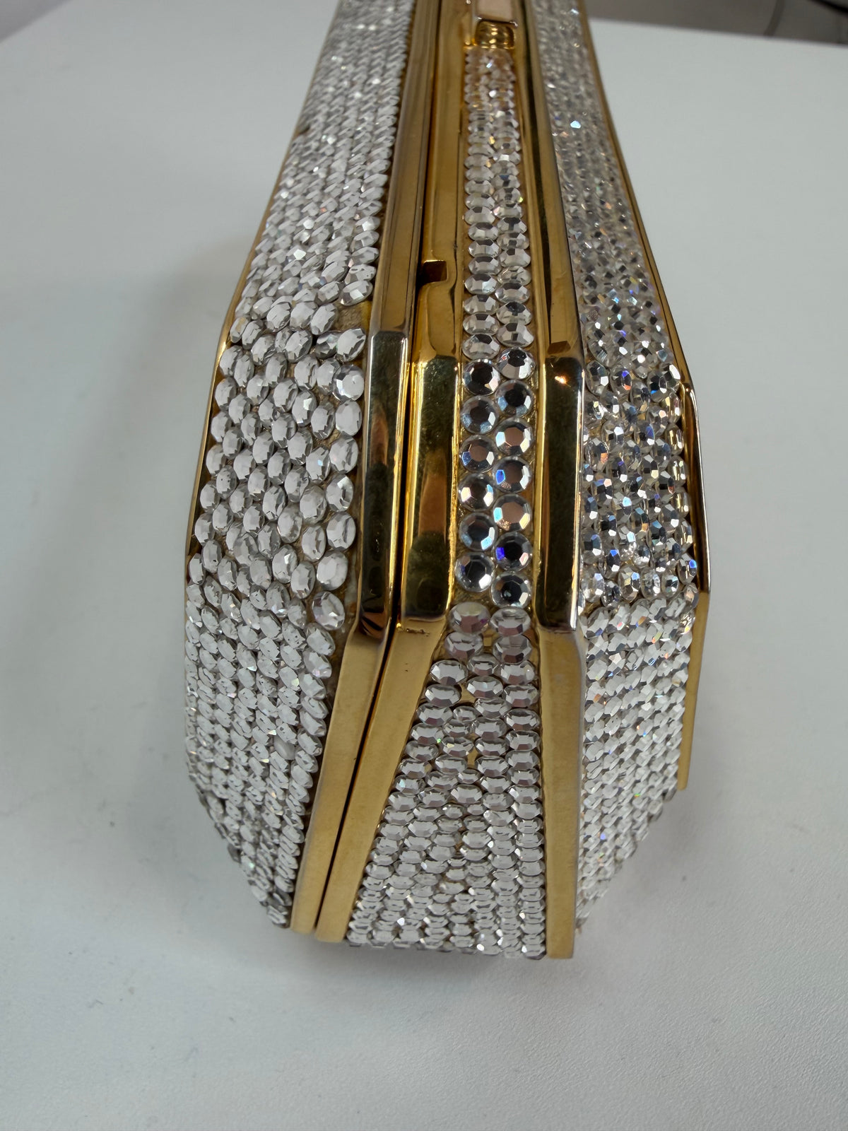 Judith Leiber Crystal-Encrusted Minaudiere Clutch w Gold Chain