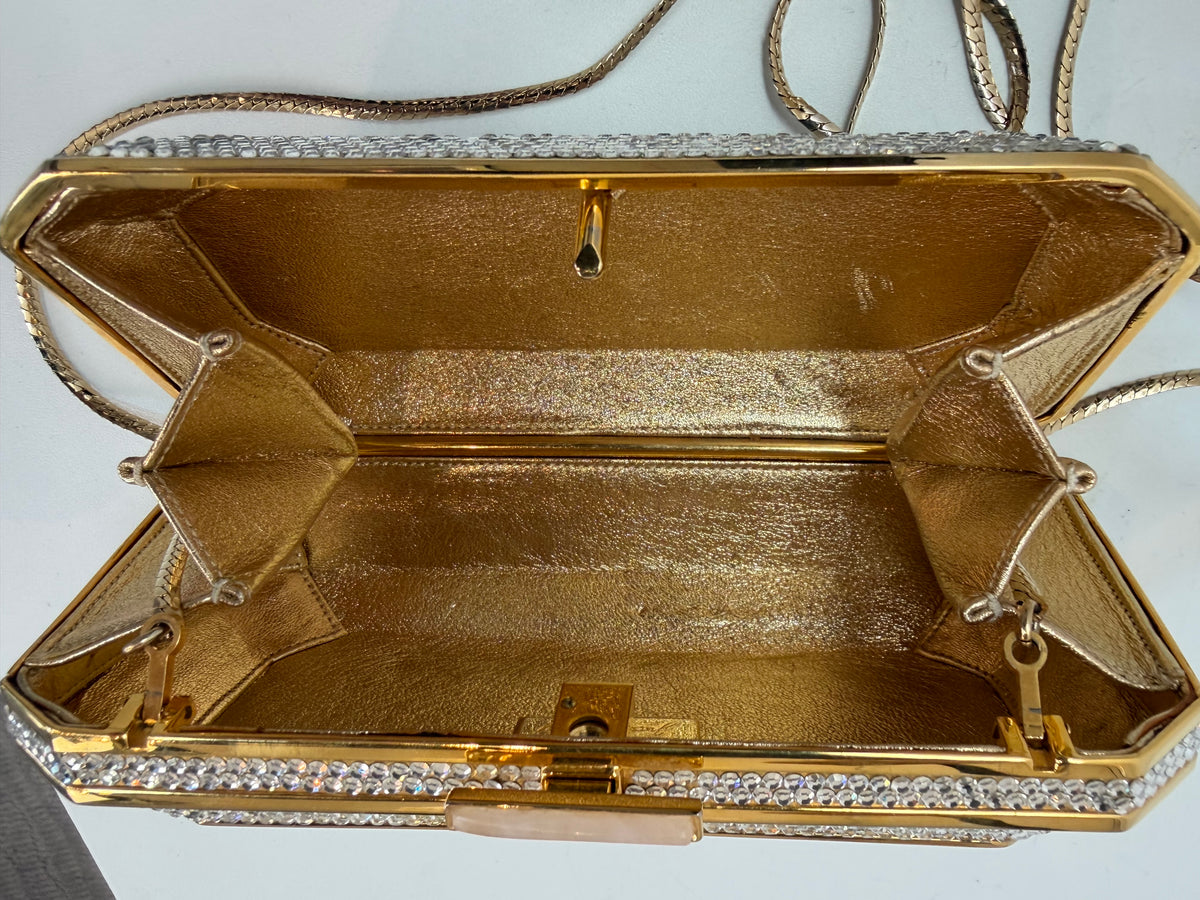 Judith Leiber Crystal-Encrusted Minaudiere Clutch w Gold Chain