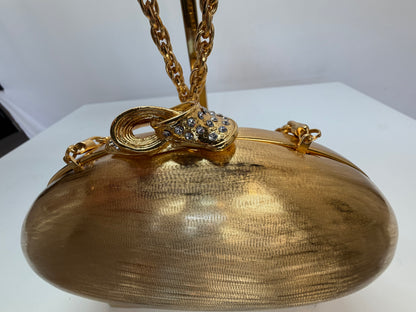 Rodo Italy 1970s Gold Hard Case Oval Rhinestone Embellished Top Clasp Gold Chain Clutch