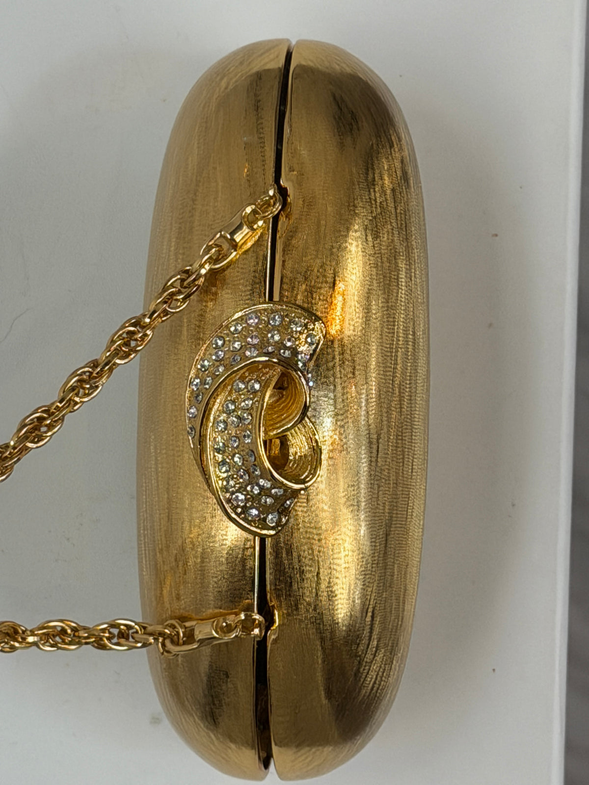 Rodo Italy 1970s Gold Hard Case Oval Rhinestone Embellished Top Clasp Gold Chain Clutch