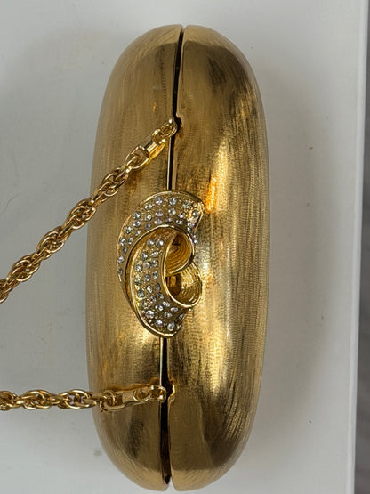 Rodo Italy 1970s Gold Hard Case Oval Rhinestone Embellished Top Clasp Gold Chain Clutch