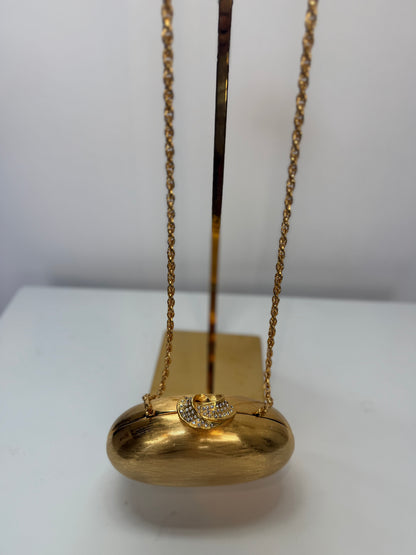 Rodo Italy 1970s Gold Hard Case Oval Rhinestone Embellished Top Clasp Gold Chain Clutch