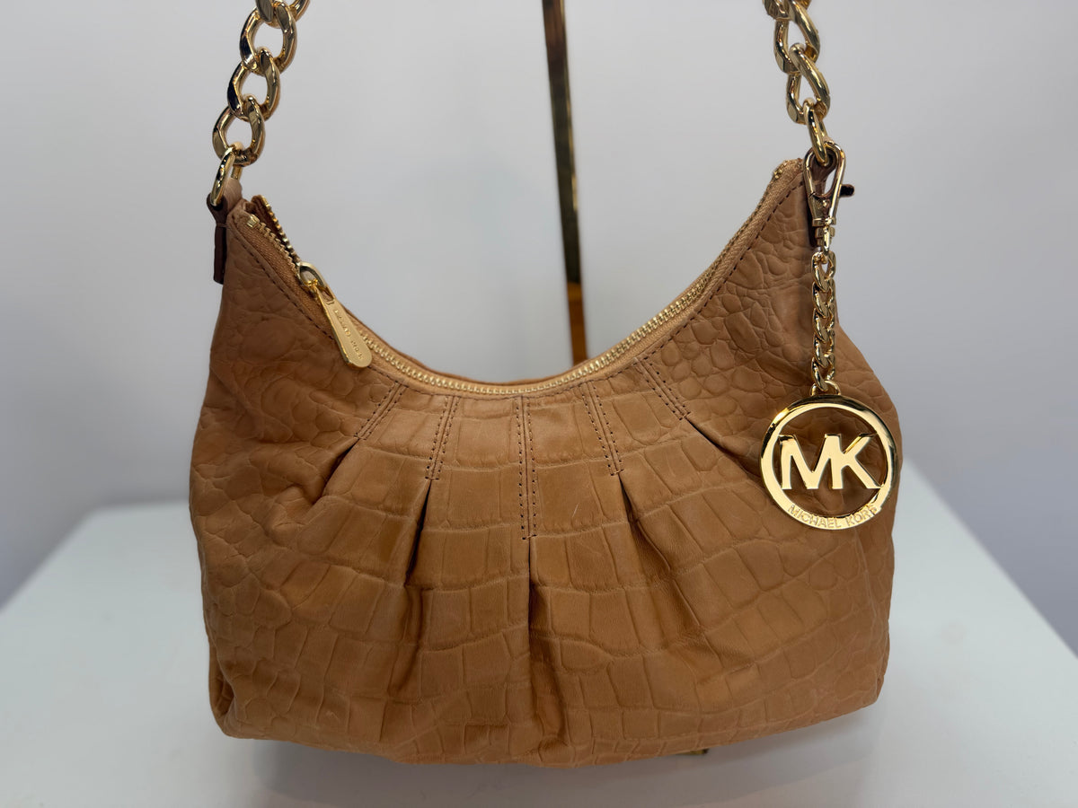 Michael Kors Tan Croc-Embossed Gold Hardware Shoulder Bag NWT