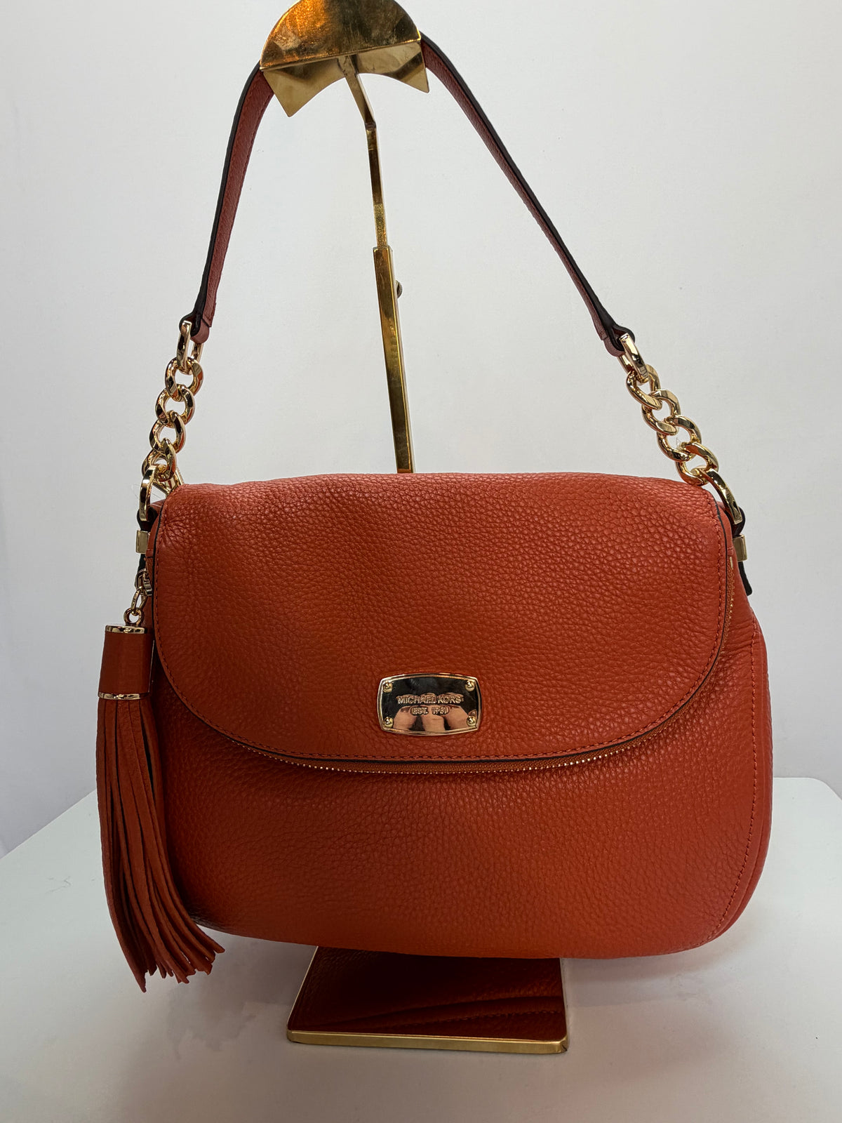 Michael Kors Orange Pebbled Leather Flap 2 Way Bag w Tassel & Gold Hardware NWT