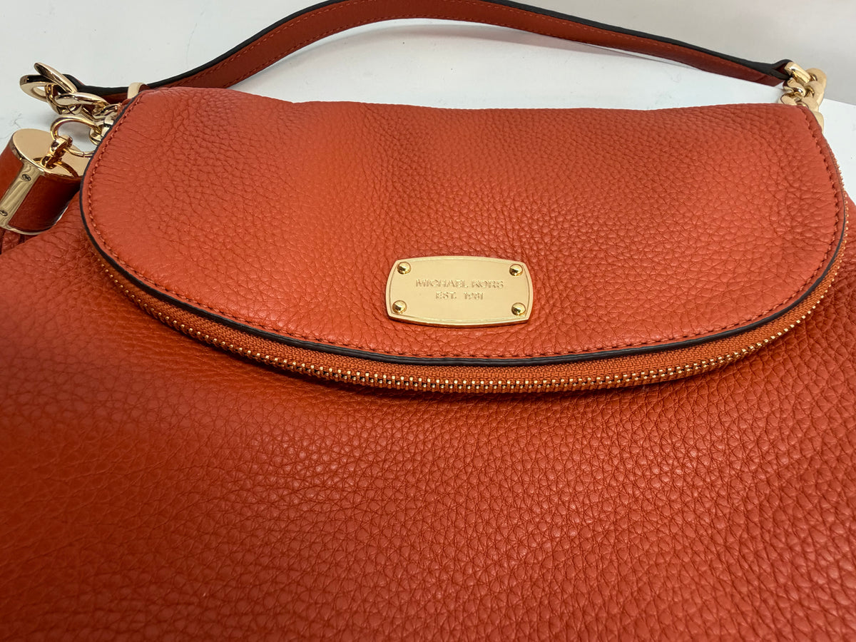 Michael Kors Orange Pebbled Leather Flap 2 Way Bag w Tassel & Gold Hardware NWT