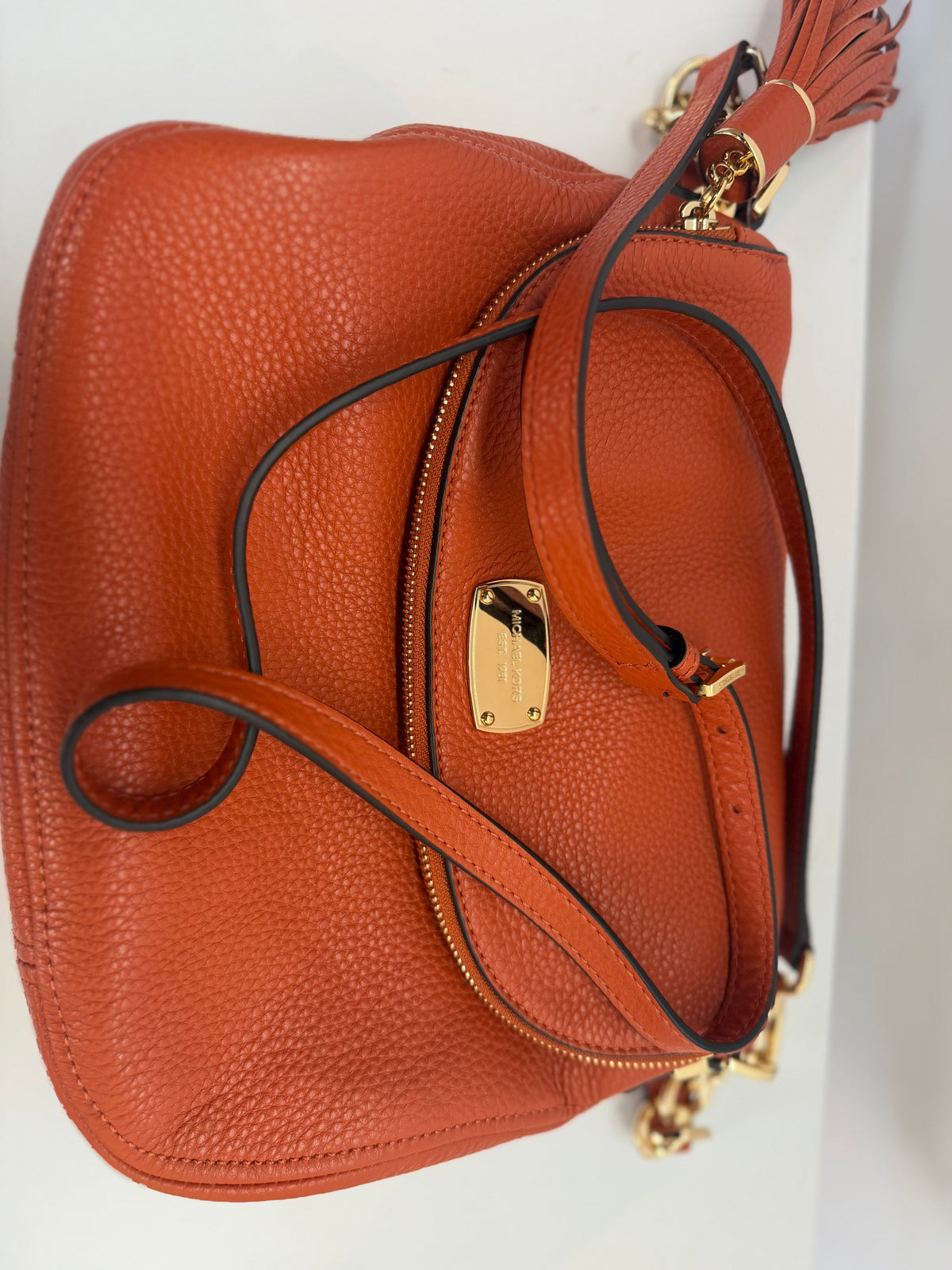 Michael Kors Orange Pebbled Leather Flap 2 Way Bag w Tassel & Gold Hardware NWT