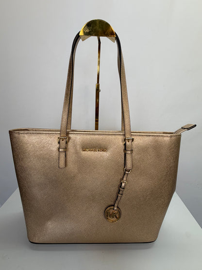 Michael Kors Gold Metallic Logo Charm Large Tote Bag NWT
