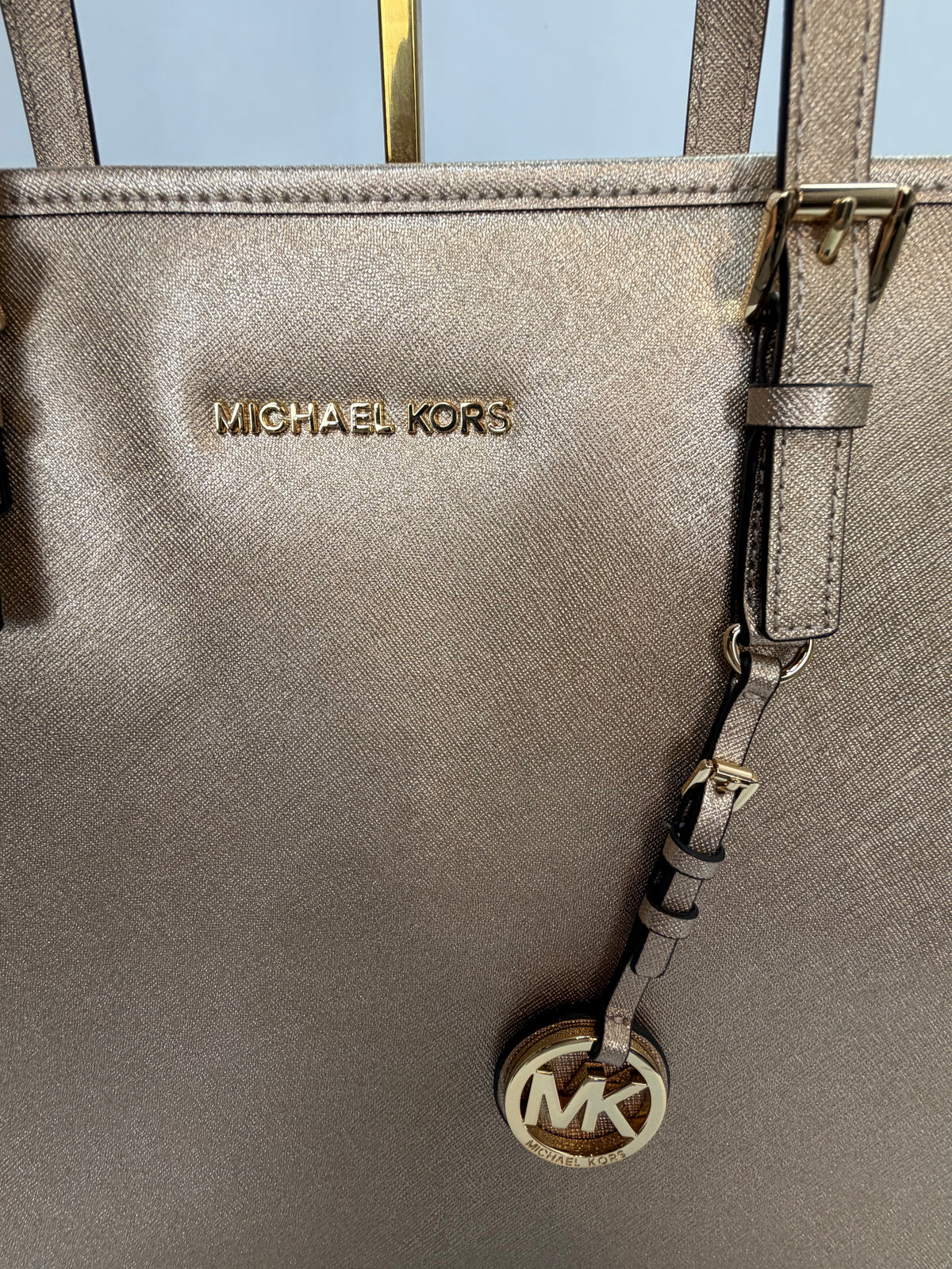 Michael Kors Gold Metallic Logo Charm Large Tote Bag NWT