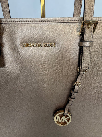 Michael Kors Gold Metallic Logo Charm Large Tote Bag NWT