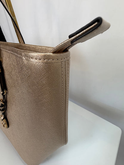 Michael Kors Gold Metallic Logo Charm Large Tote Bag NWT