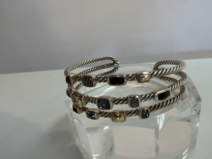 David Yurman Sterling Silver 18K Yellow Gold 3 Row Confetti Cable Cuff Bracelet